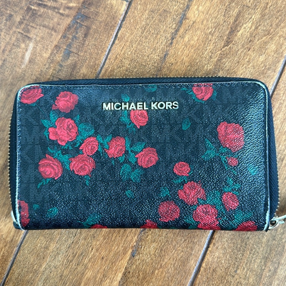 Michael Kors Black and Red Floral Rose Zip Wallet